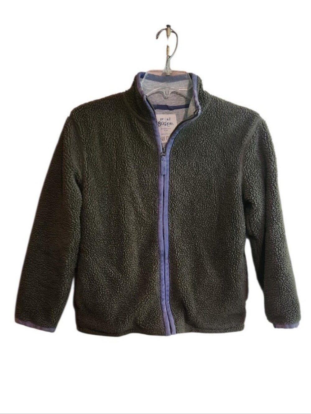 Mini Boden Olive Green Sherpa Fleece Zip Up Jacket with Blue Trim